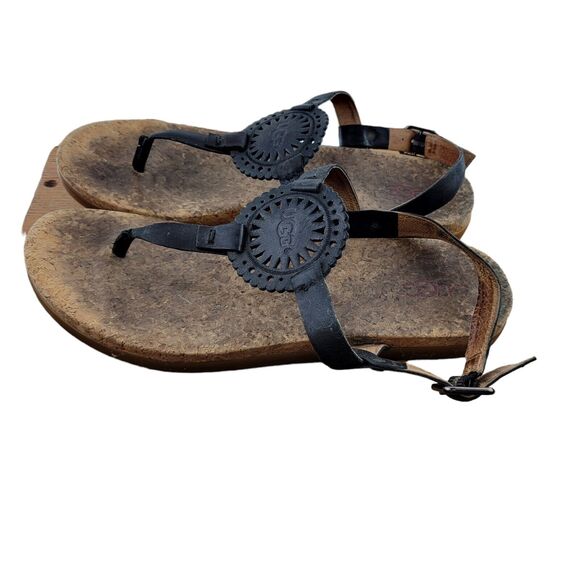 UGG Womens Sandals Auden II Black Leather Thong Size 8.5 Adjustable Ankle Strap - Picture 5 of 11